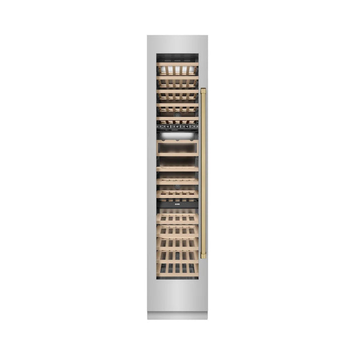 ZLINE 18-Inch 9.0 Cu. Ft. Autograph Edition Triple Zone Panel Ready Left Hinge Column Wine Cooler with Polished Gold Accents