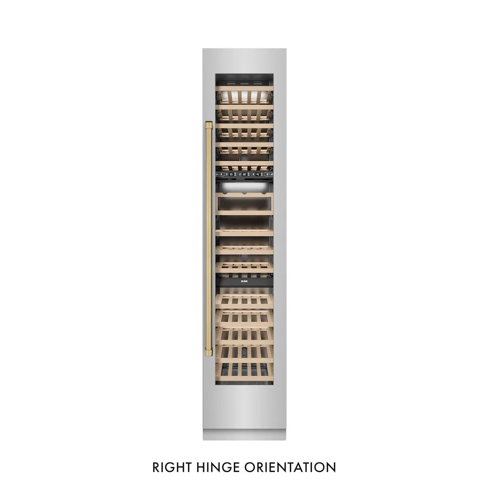 ZLINE Autograph Edition 18-Inch 9.0 Cu. Ft. Triple Zone Panel Ready Right Hinge Column Wine Cooler in Stainless Steel with Polished Gold Accents
