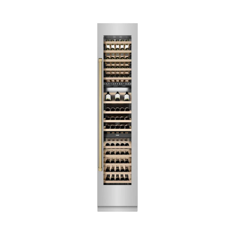 ZLINE Autograph Edition 18-Inch 9.0 Cu. Ft. Triple Zone Panel Ready Right Hinge Column Wine Cooler in Stainless Steel with Polished Gold Accents