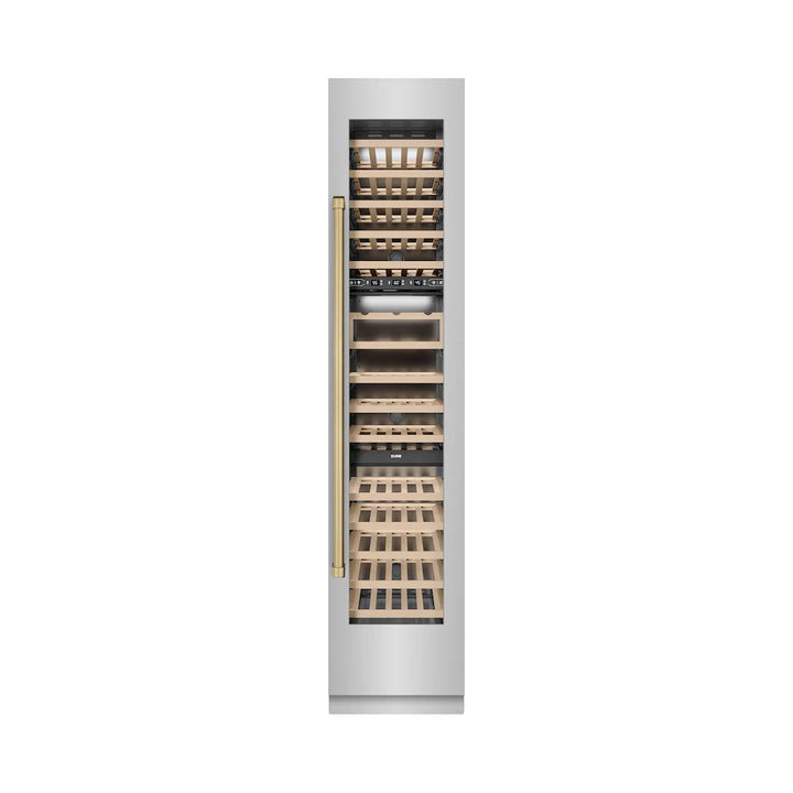 ZLINE Autograph Edition 18-Inch 9.0 Cu. Ft. Triple Zone Panel Ready Right Hinge Column Wine Cooler in Stainless Steel with Champagne Bronze Accents
