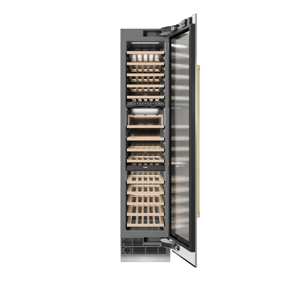 ZLINE Autograph Edition 18-Inch 9.0 Cu. Ft. Triple Zone Panel Ready Right Hinge Column Wine Cooler in Stainless Steel with Champagne Bronze Accents