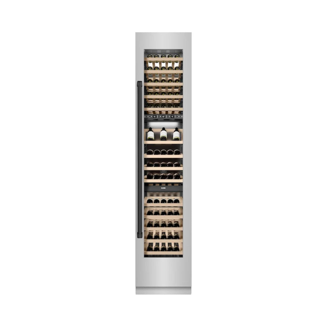 ZLINE Autograph Edition 18-Inch 9.0 Cu. Ft. Triple Zone Panel Ready Right Hinge Column Wine Cooler in Stainless Steel with Matte Black Accents