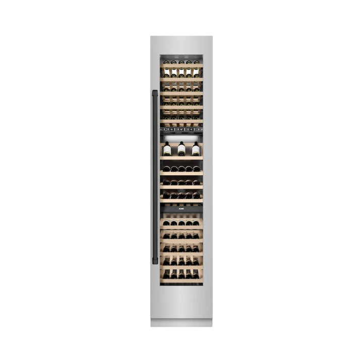 ZLINE Autograph Edition 18-Inch 9.0 Cu. Ft. Triple Zone Panel Ready Right Hinge Column Wine Cooler in Stainless Steel with Matte Black Accents