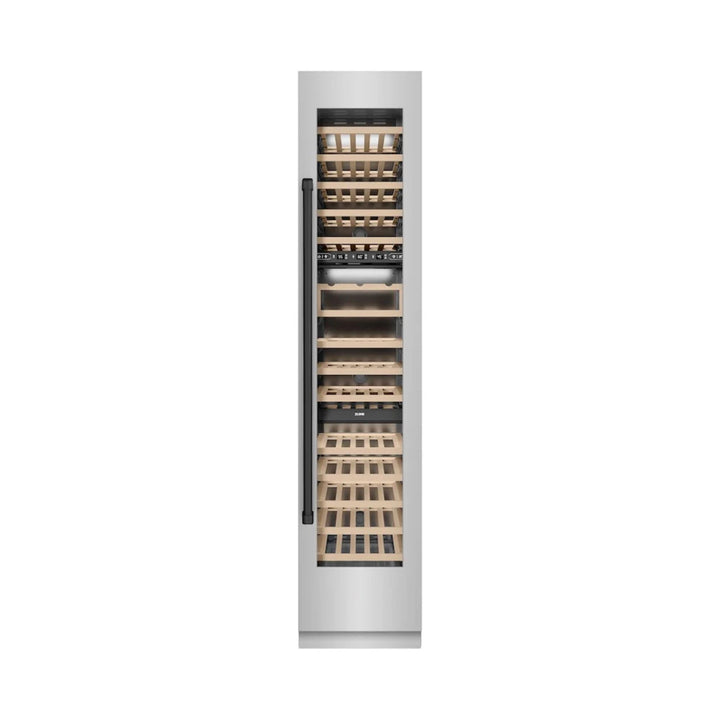 ZLINE Autograph Edition 18-Inch 9.0 Cu. Ft. Triple Zone Panel Ready Right Hinge Column Wine Cooler in Stainless Steel with Matte Black Accents