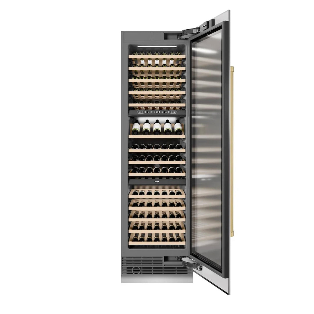 ZLINE Autograph Edition 24-Inch Triple Zone Column Wine Cooler in Stainless Steel with Polished Gold Accents