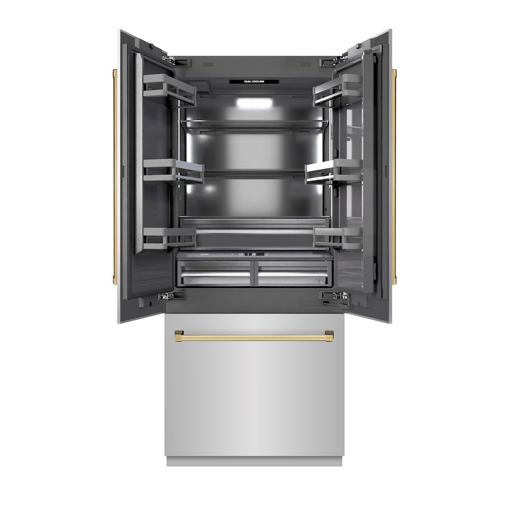 ZLINE 36 in. 19.6 cu. ft. French Door Built-In Bottom Freezer Refrigerator with Water Dispenser and Ice Maker in Stainless Steel with Graphite Gray Interior
