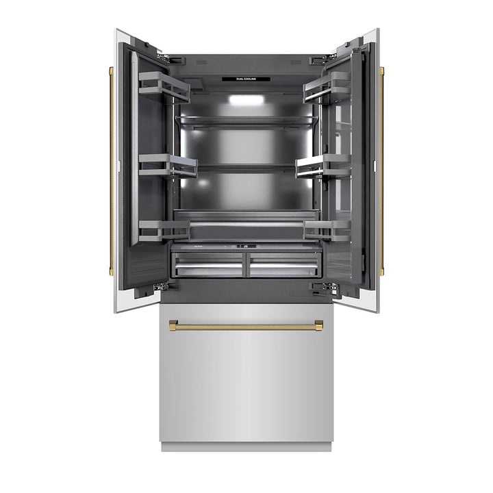 ZLINE 36 in. 19.6 cu. ft. French Door Built-In Bottom Freezer Refrigerator with Water Dispenser and Ice Maker in Stainless Steel with Graphite Gray Interior