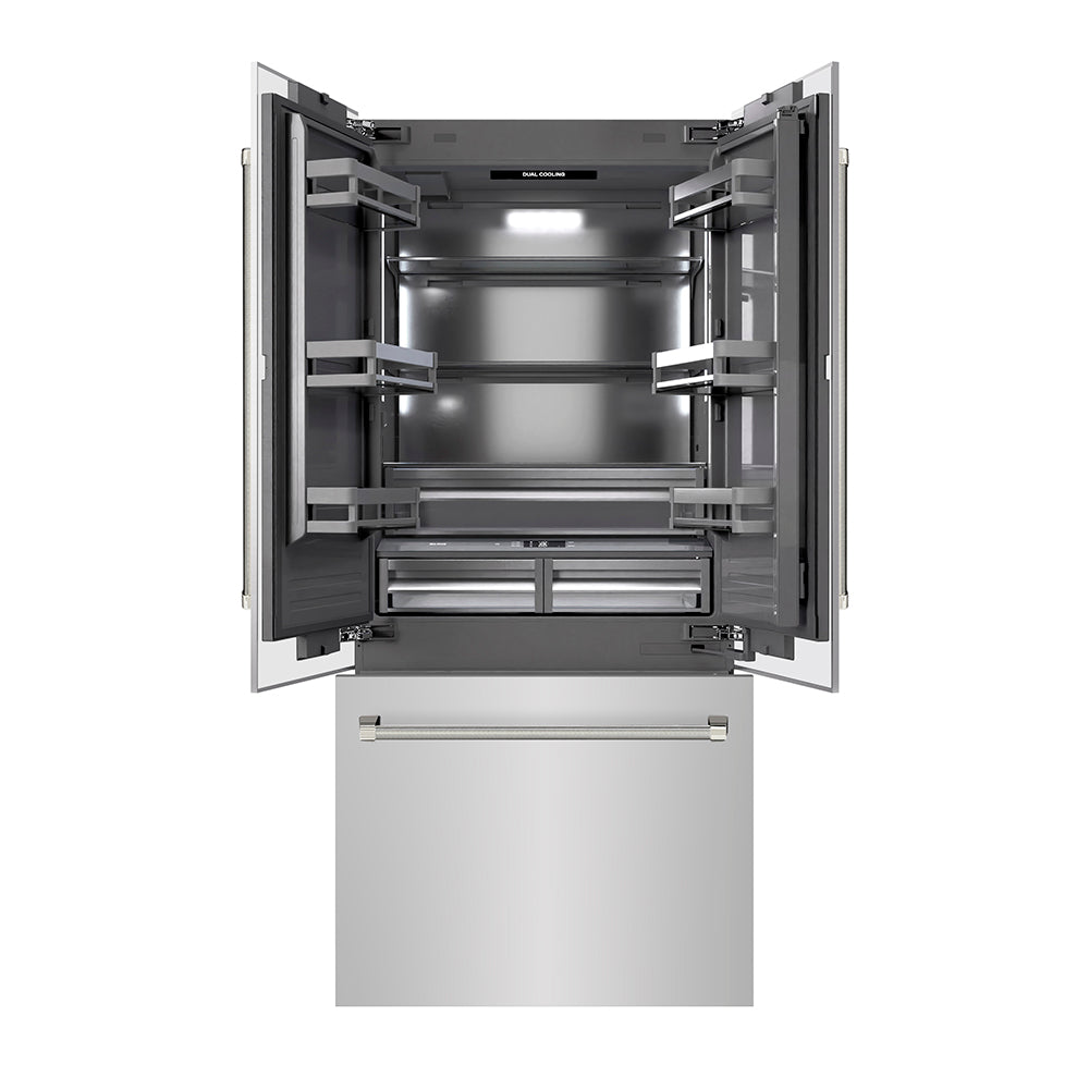 ZLINE 36 in. 19.6 cu. ft. French Door Built-In Bottom Freezer Refrigerator with Water Dispenser and Ice Maker in Stainless Steel with Graphite Gray Interior