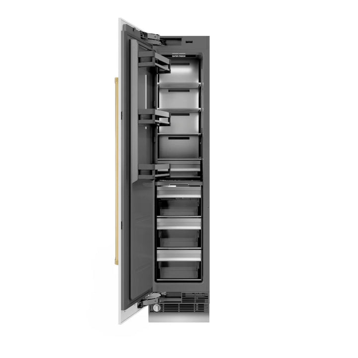 ZLINE Autograph Edition 18-Inch Left Hinge Column Freezer in White Matte with Graphite Gray Interior and Polished Gold Accents