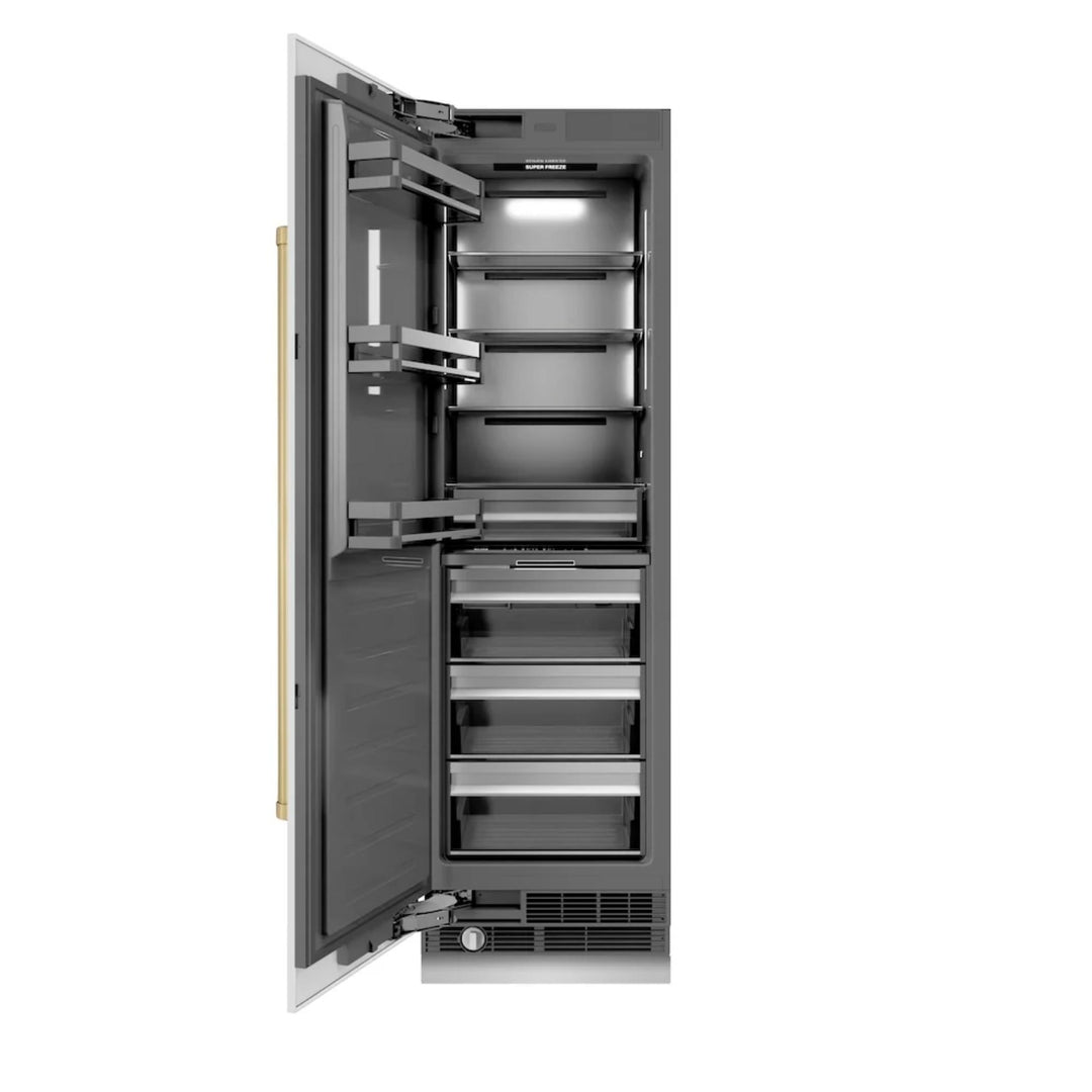 ZLINE Autograph Edition 24-Inch Column Freezer in White Matte with Graphite Gray Interior and Polished Gold Accents