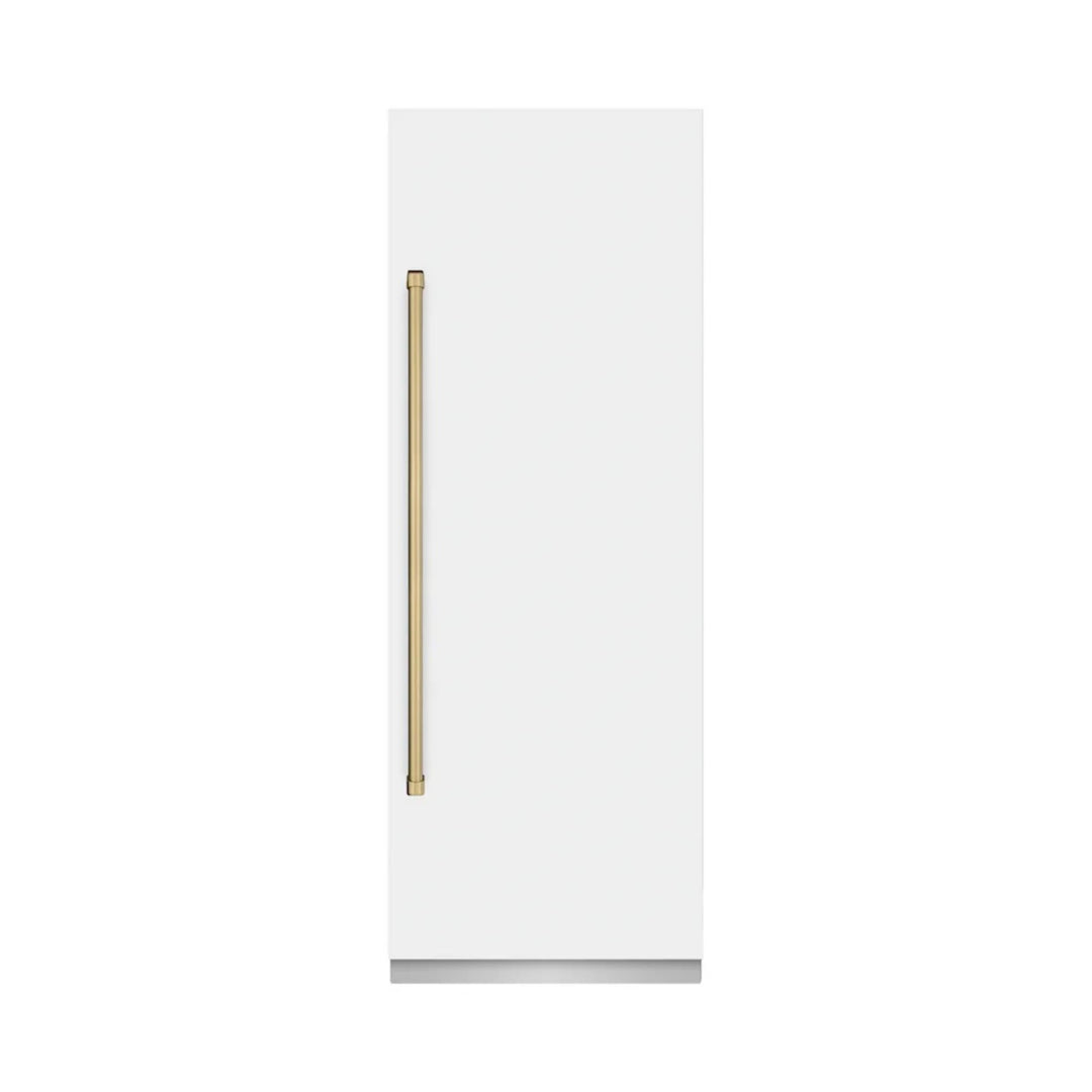 ZLINE Autograph Edition 30-Inch Column Refrigerator in White Matte with Graphite Gray Interior and Polished Gold Accents