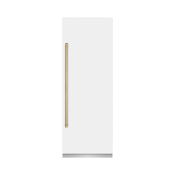 ZLINE Autograph Edition 30-Inch Column Refrigerator in White Matte with Graphite Gray Interior and Polished Gold Accents
