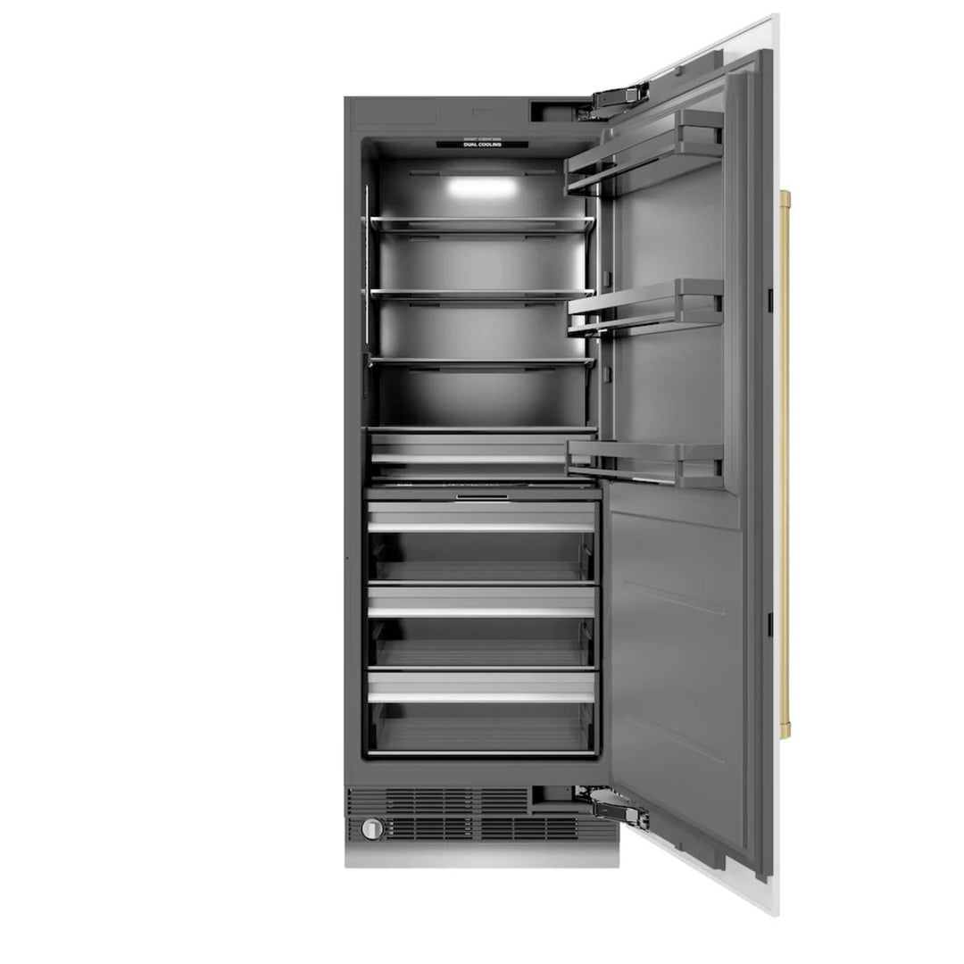 ZLINE Autograph Edition 30-Inch Column Refrigerator in White Matte with Graphite Gray Interior and Champagne Bronze Accents