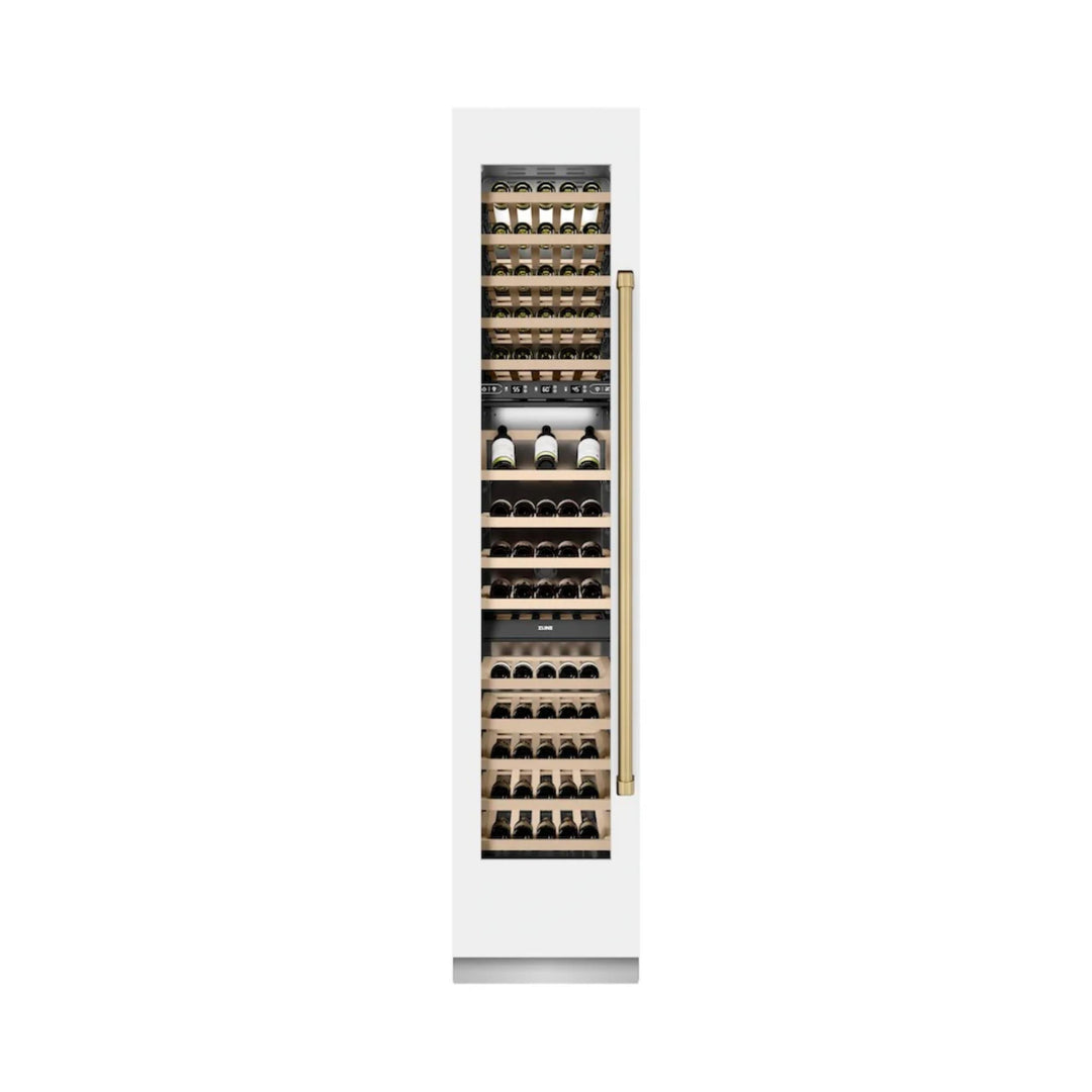 ZLINE 18-Inch 9.0 Cu. Ft. Autograph Edition Triple Zone Panel Ready Left Hinge Column Wine Cooler in White Matte with Polished Gold Accents