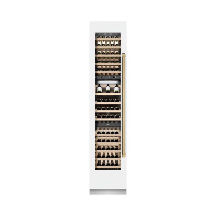 ZLINE 18-Inch 9.0 Cu. Ft. Autograph Edition Triple Zone Panel Ready Left Hinge Column Wine Cooler in White Matte with Polished Gold Accents