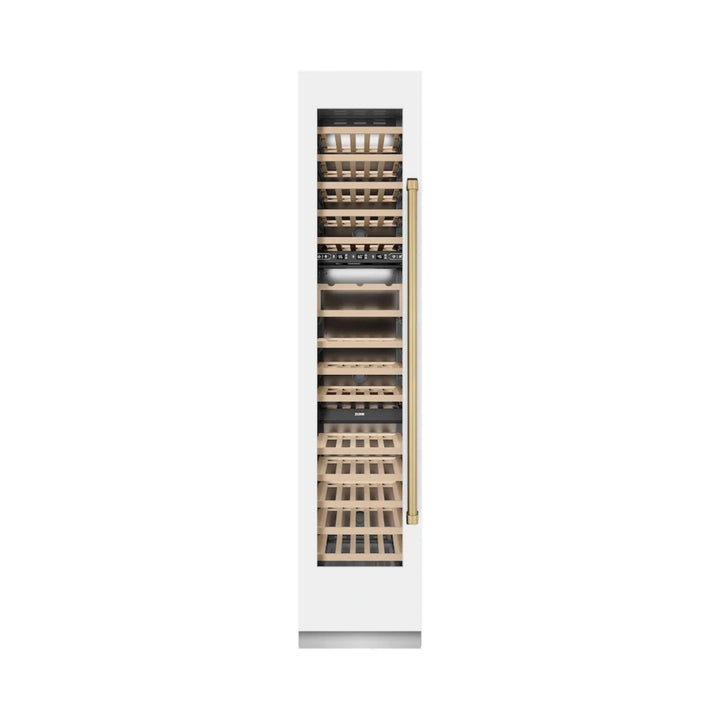 ZLINE 18-Inch 9.0 Cu. Ft. Autograph Edition Triple Zone Panel Ready Left Hinge Column Wine Cooler in White Matte with Champagne Bronze Accents