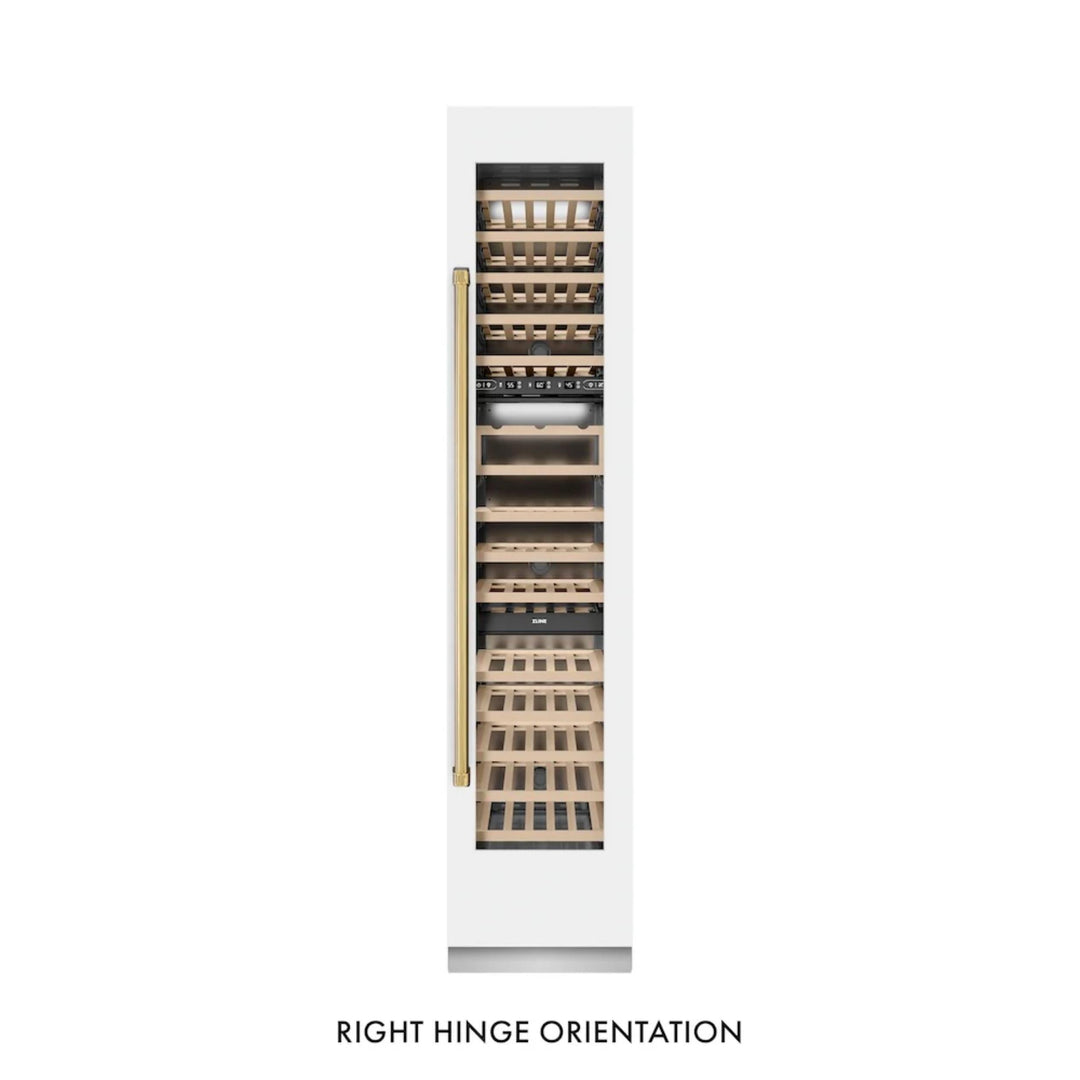 ZLINE Autograph Edition 18-Inch 9.0 Cu. Ft. Triple Zone Panel Ready Right Hinge Column Wine Cooler in White Matte with Polished Gold Accents