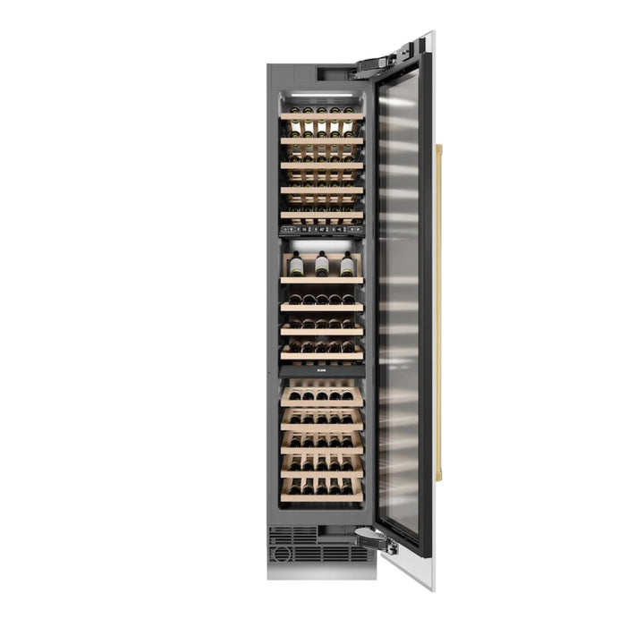 ZLINE Autograph Edition 18-Inch 9.0 Cu. Ft. Triple Zone Panel Ready Right Hinge Column Wine Cooler in White Matte with Polished Gold Accents