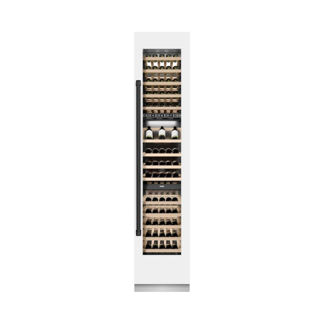 ZLINE Autograph Edition 18-Inch 9.0 Cu. Ft. Triple Zone Panel Ready Right Hinge Column Wine Cooler in White Matte with Matte Black Accents