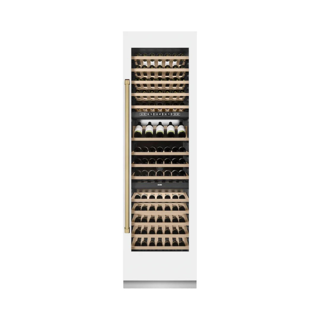 ZLINE Autograph Edition 24-Inch 12.4 Cu. Ft. Triple Zone 100 Bottle Column Wine Cooler in White Matte with Champagne Bronze Accents