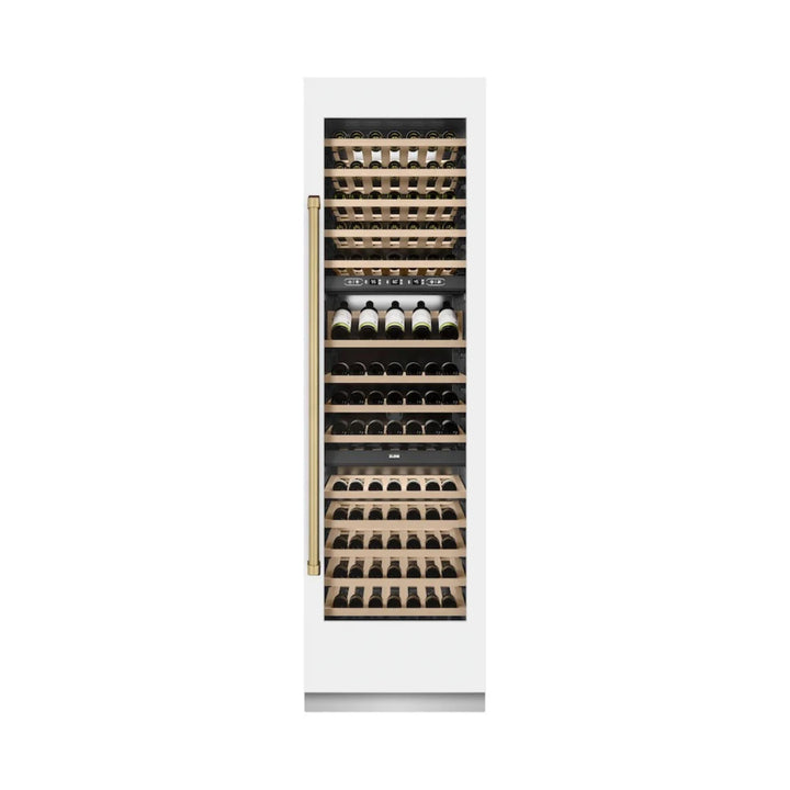 ZLINE Autograph Edition 24-Inch 12.4 Cu. Ft. Triple Zone 100 Bottle Column Wine Cooler in White Matte with Champagne Bronze Accents