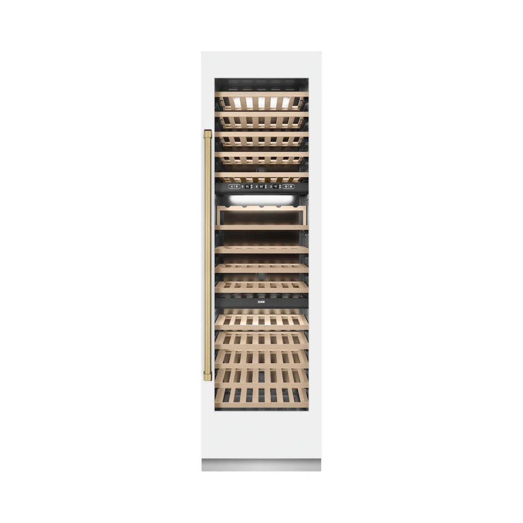 ZLINE Autograph Edition 24-Inch 12.4 Cu. Ft. Triple Zone 100 Bottle Column Wine Cooler in White Matte with Champagne Bronze Accents