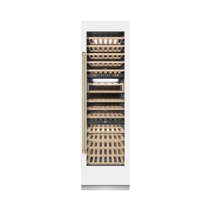 ZLINE Autograph Edition 24-Inch 12.4 Cu. Ft. Triple Zone 100 Bottle Column Wine Cooler in White Matte with Champagne Bronze Accents