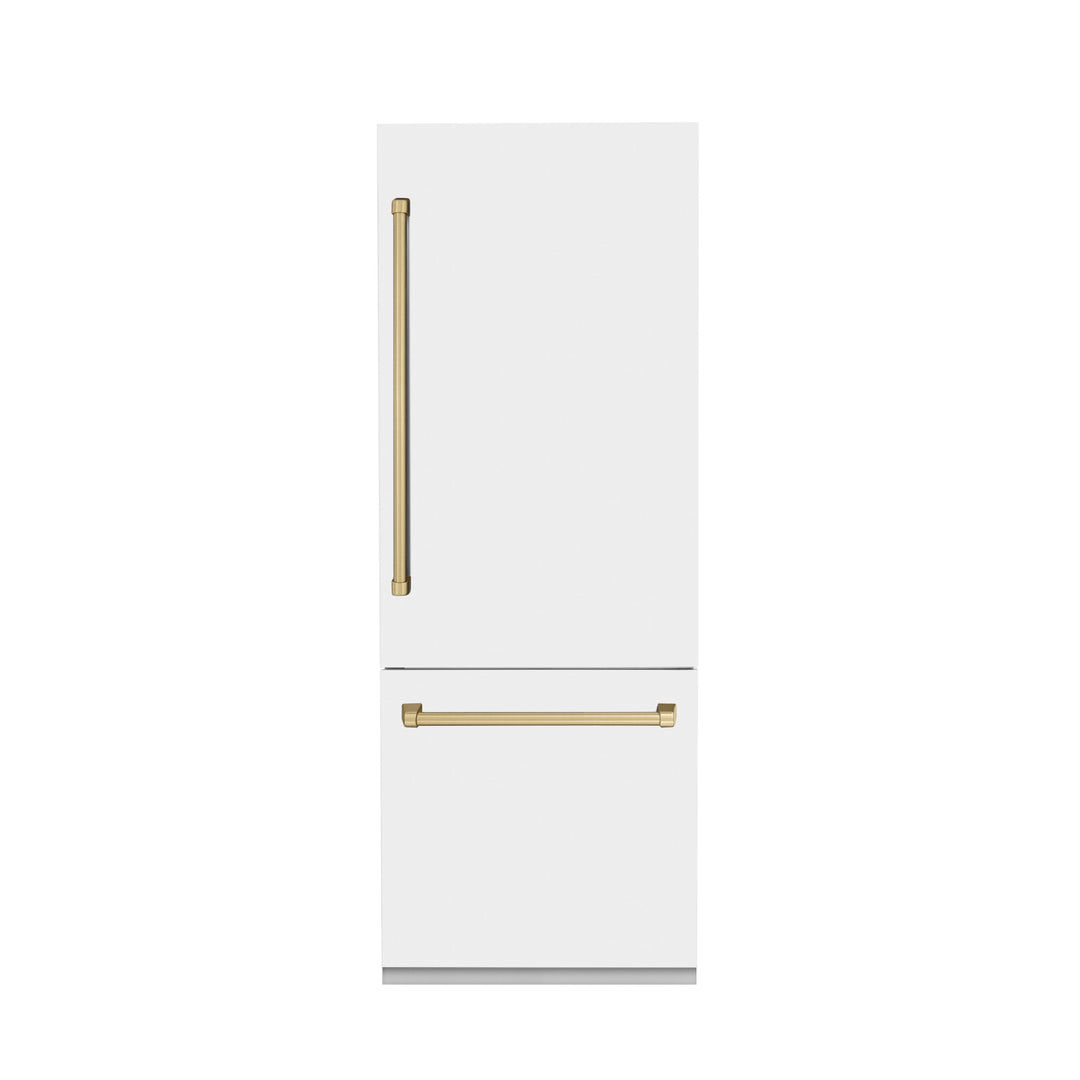 ZLINE 30 In. 16.1 cu. ft. Built-In Refrigerator with Internal Water and Ice Dispenser in White Matte with Champagne Bronze Accents, RBIVZ-WM-30-CB