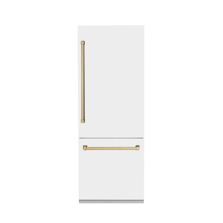ZLINE Autograph Edition 30 in. 16.1 cu. ft. Built-In Bottom Freezer Refrigerator with Water Dispenser and Ice Maker in White Matte with Champagne Bronze Accents (RBIVZ-WM-30-CB)