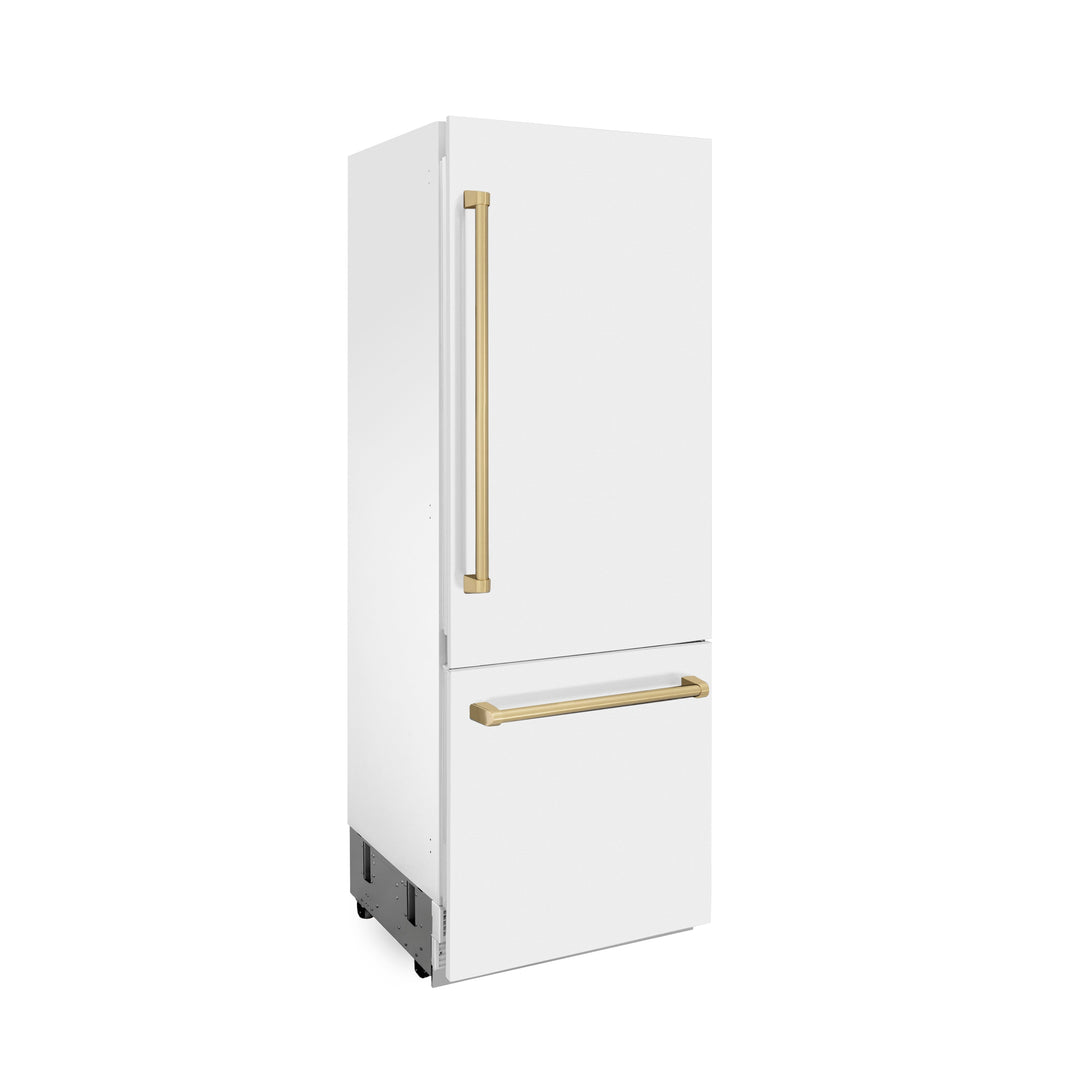 ZLINE 30 In. 16.1 cu. ft. Built-In Refrigerator with Internal Water and Ice Dispenser in White Matte with Champagne Bronze Accents, RBIVZ-WM-30-CB