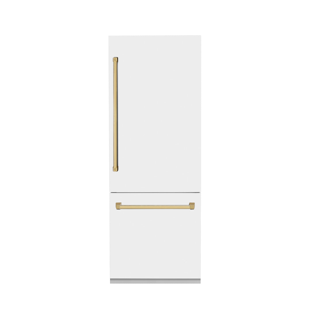 ZLINE 30 In. 16.1 cu. ft. Built-In Refrigerator with Internal Water and Ice Dispenser in White Matte with Gold Accents, RBIVZ-WM-30-G