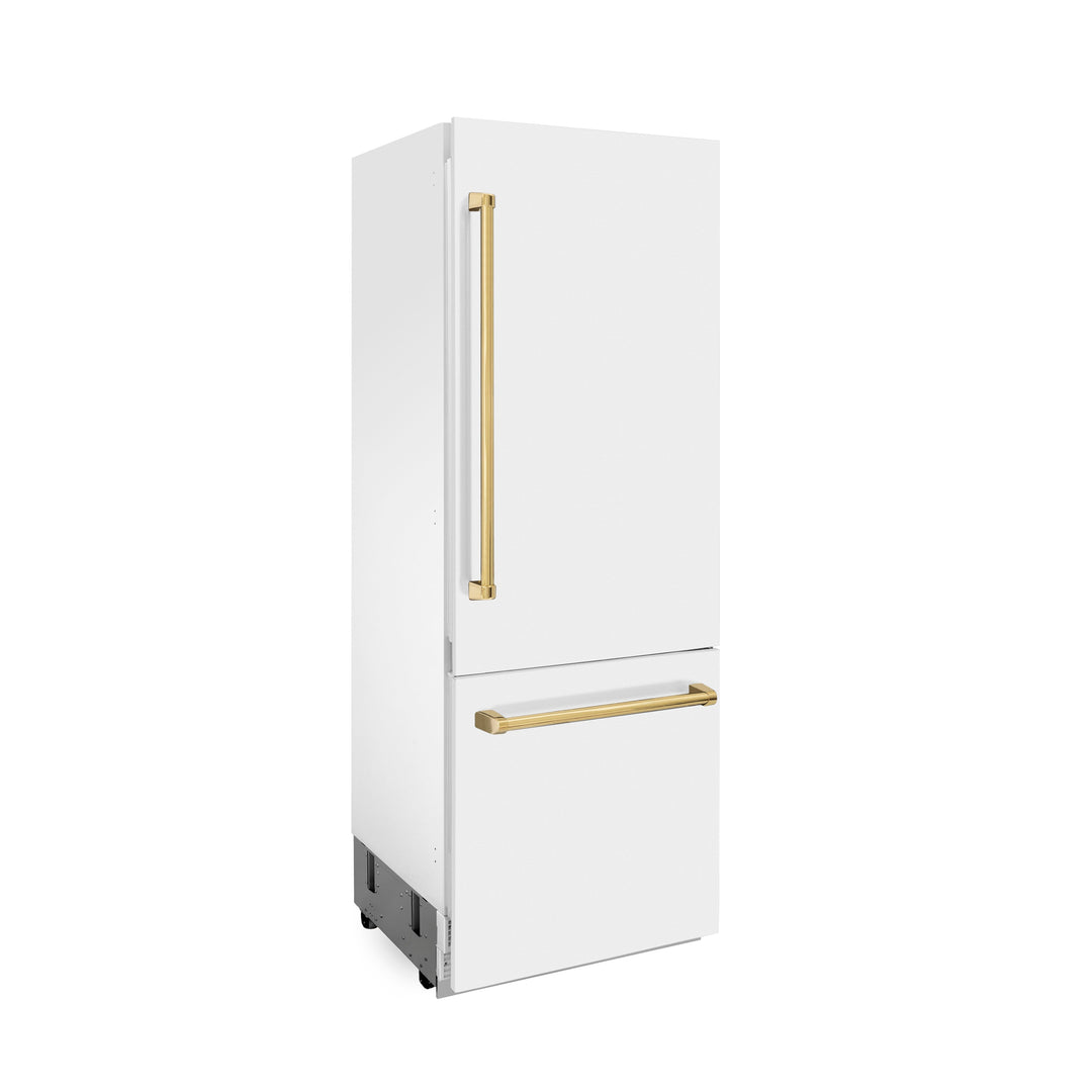 ZLINE 30 In. 16.1 cu. ft. Built-In Refrigerator with Internal Water and Ice Dispenser in White Matte with Gold Accents, RBIVZ-WM-30-G