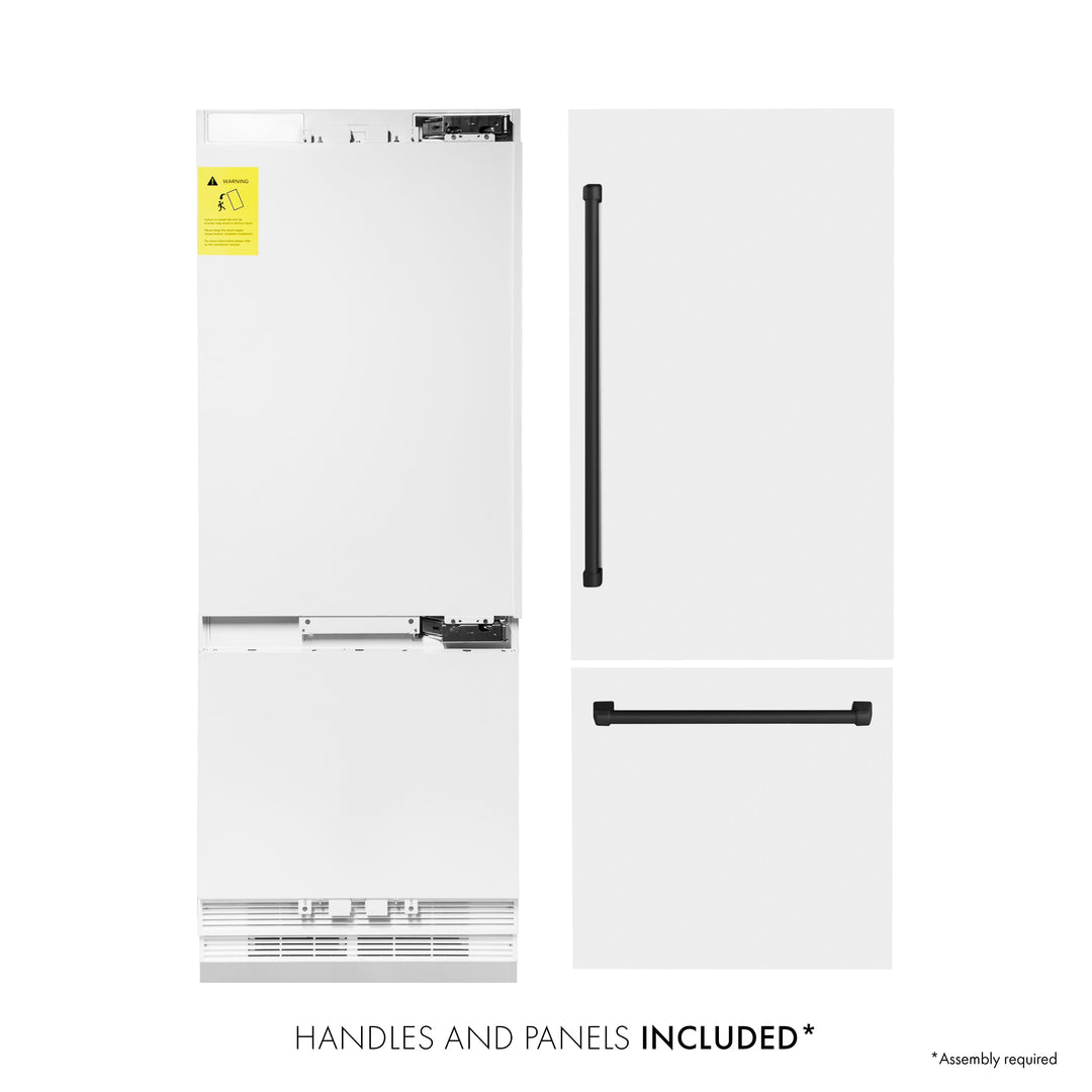 ZLINE 30 In. 16.1 cu. ft. Built-In Refrigerator with Internal Water and Ice Dispenser in White Matte with Matte Black Accents, RBIVZ-WM-30-MB