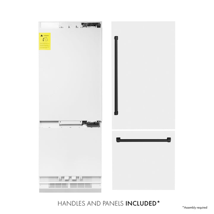 ZLINE 30 In. 16.1 cu. ft. Built-In Refrigerator with Internal Water and Ice Dispenser in White Matte with Matte Black Accents, RBIVZ-WM-30-MB