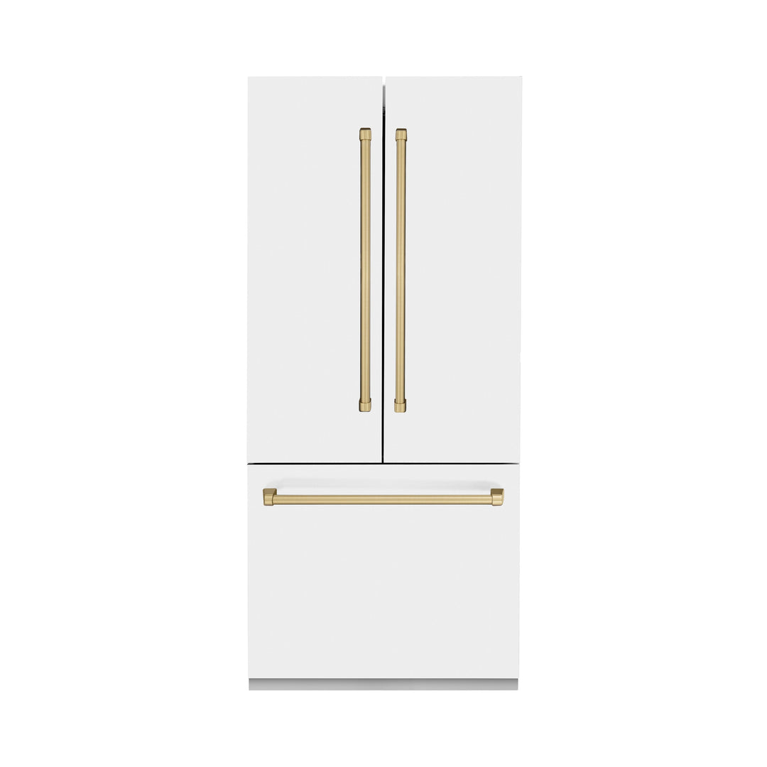 ZLINE 36 In. 19.6 cu. ft. Built-In French Door Refrigerator with Internal Water and Ice Dispenser in White Matte with Bronze Accents, RBIVZ-WM-36-CB