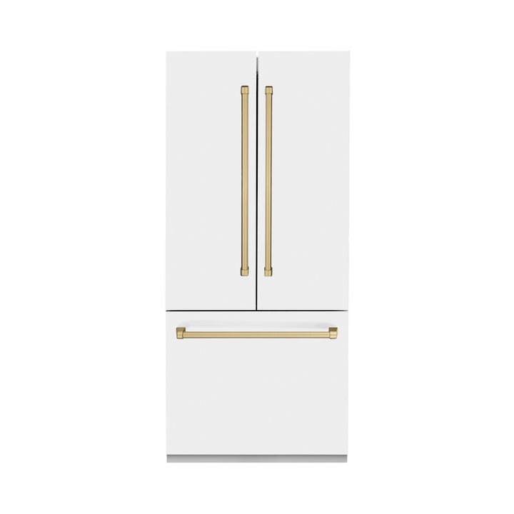 ZLINE 36 In. 19.6 cu. ft. Built-In French Door Refrigerator with Internal Water and Ice Dispenser in White Matte with Bronze Accents, RBIVZ-WM-36-CB