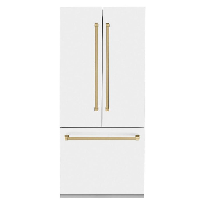 ZLINE Autograph Edition 36 in. 19.6 cu. ft. French Door Built-In Bottom Freezer Refrigerator with Water Dispenser and Ice Maker in White Matte with Champagne Bronze Accents (RBIVZ-WM-36-CB)