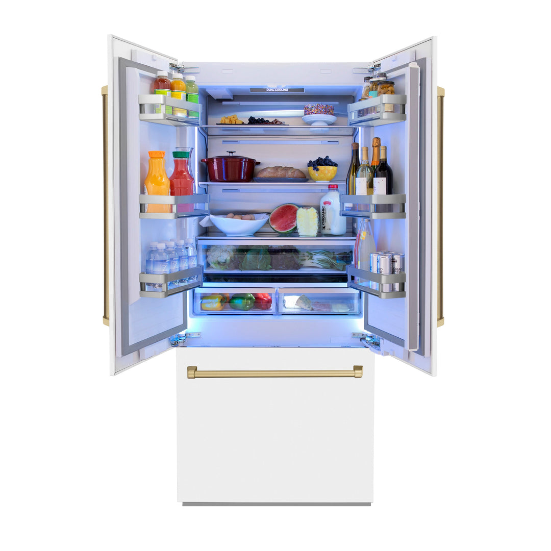 ZLINE 36 In. 19.6 cu. ft. Built-In French Door Refrigerator with Internal Water and Ice Dispenser in White Matte with Bronze Accents, RBIVZ-WM-36-CB