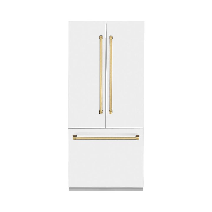 ZLINE Autograph Edition 36 in. 19.6 cu. ft. French Door Built-In Bottom Freezer Refrigerator with Water Dispenser and Ice Maker in White Matte with Polished Gold Accents (RBIVZ-WM-36-G)