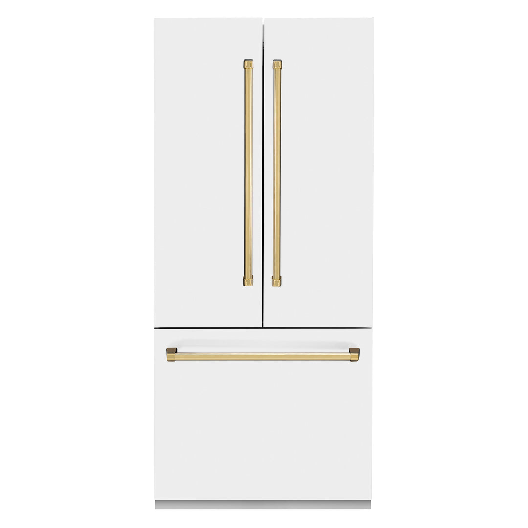 ZLINE 36 In. 19.6 cu. ft. Built-In French Door Refrigerator with Internal Water and Ice Dispenser in White Matte with Gold Accents, RBIVZ-WM-36-G