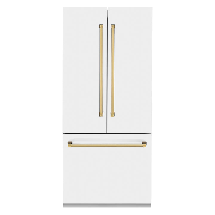 ZLINE 36 In. 19.6 cu. ft. Built-In French Door Refrigerator with Internal Water and Ice Dispenser in White Matte with Gold Accents, RBIVZ-WM-36-G