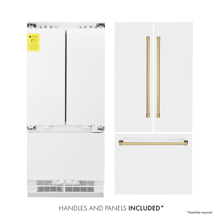 ZLINE 36 In. 19.6 cu. ft. Built-In French Door Refrigerator with Internal Water and Ice Dispenser in White Matte with Gold Accents, RBIVZ-WM-36-G