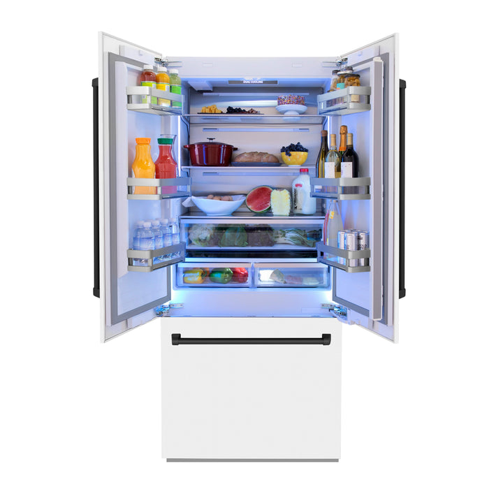 ZLINE 36 In. 19.6 cu. ft. Built-In French Door Refrigerator with Internal Water and Ice Dispenser in White Matte with Black Accents, RBIVZ-WM-36-MB