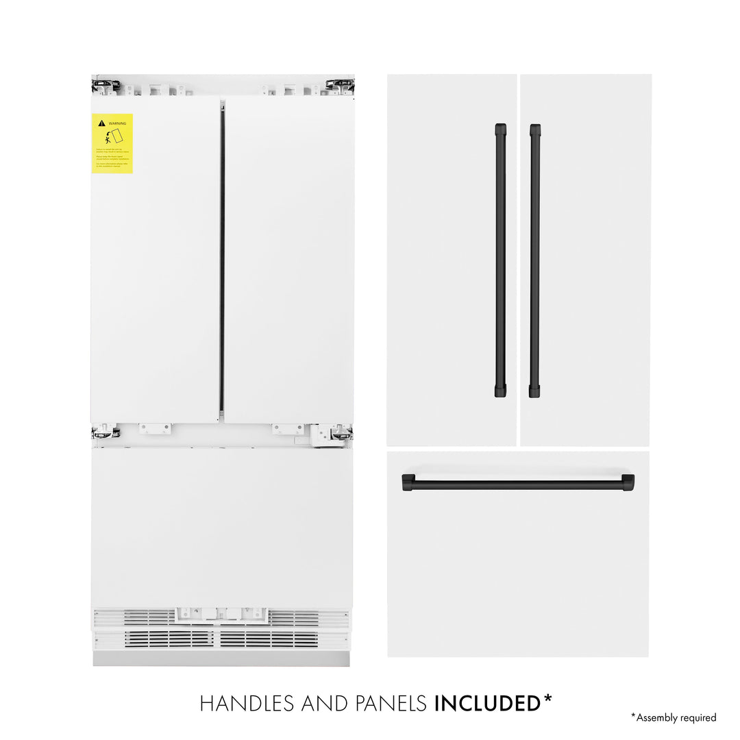 ZLINE 36 In. 19.6 cu. ft. Built-In French Door Refrigerator with Internal Water and Ice Dispenser in White Matte with Black Accents, RBIVZ-WM-36-MB