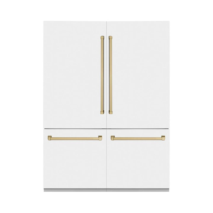 ZLINE Autograph Edition 60 in. 32.2 cu. ft. French Door Built-In Bottom Freezer Refrigerator with Water Dispenser and Ice Maker in White Matte with Champagne Bronze Accents (RBIVZ-WM-60-CB)