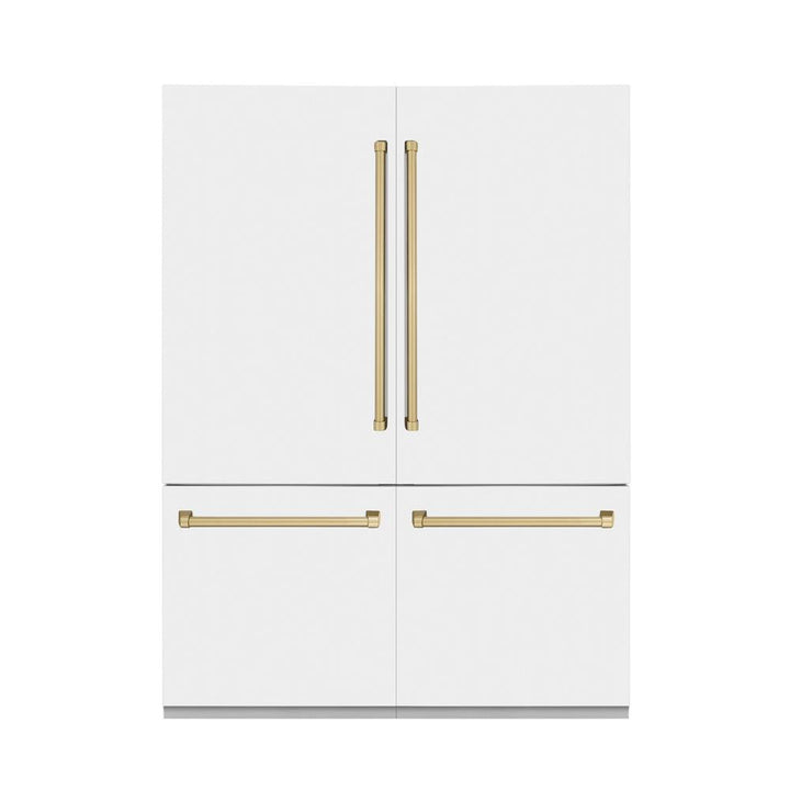 ZLINE Autograph Edition 60 in. 32.2 cu. ft. French Door Built-In Bottom Freezer Refrigerator with Water Dispenser and Ice Maker in White Matte with Champagne Bronze Accents (RBIVZ-WM-60-CB)