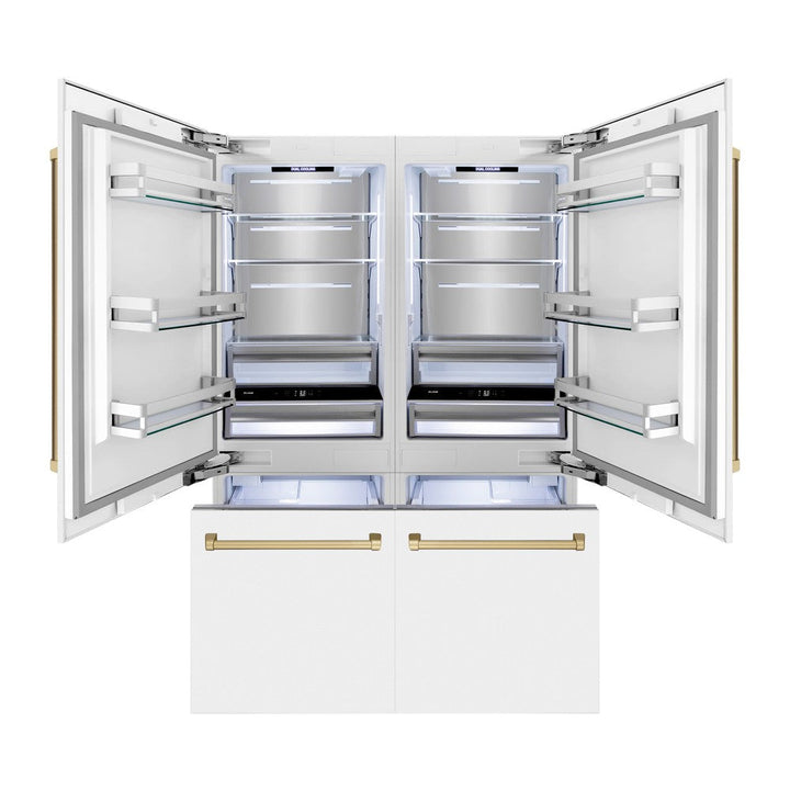 ZLINE Autograph Edition 60 in. 32.2 cu. ft. French Door Built-In Bottom Freezer Refrigerator with Water Dispenser and Ice Maker in White Matte with Champagne Bronze Accents (RBIVZ-WM-60-CB)