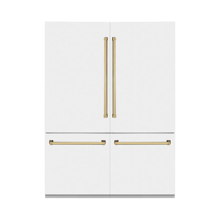 ZLINE Autograph Edition 60 in. 32.2 cu. ft. French Door Built-In Bottom Freezer Refrigerator with Water Dispenser and Ice Maker in White Matte with Polished Gold Accents (RBIVZ-WM-60-G)