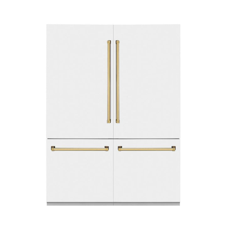 ZLINE Autograph Edition 60 in. 32.2 cu. ft. French Door Built-In Bottom Freezer Refrigerator with Water Dispenser and Ice Maker in White Matte with Polished Gold Accents (RBIVZ-WM-60-G)