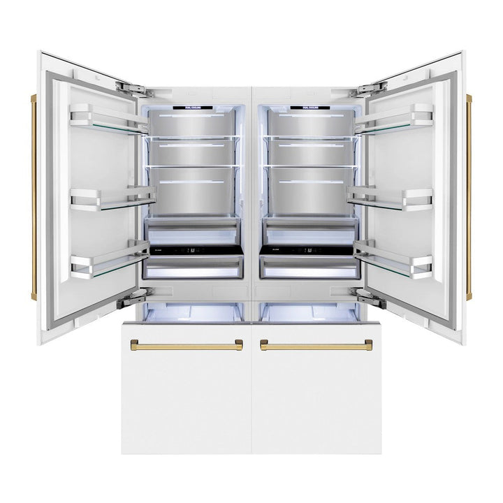 ZLINE Autograph Edition 60 in. 32.2 cu. ft. French Door Built-In Bottom Freezer Refrigerator with Water Dispenser and Ice Maker in White Matte with Polished Gold Accents (RBIVZ-WM-60-G)